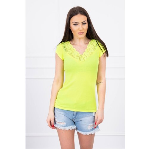 Kesi Blouse with lace neckline yellow neon Slike