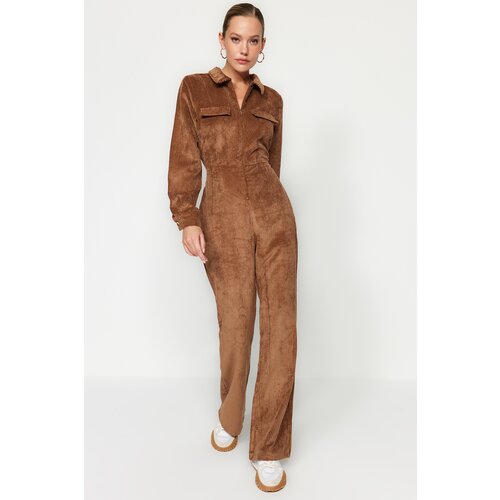 Trendyol Brown Velvet Woven Jumpsuit Slike
