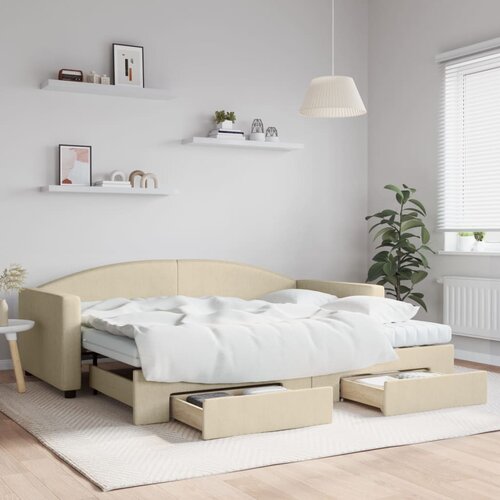 VidaXL Izvlečna dnevna postelja s predali krem 90x200 cm blago Slike