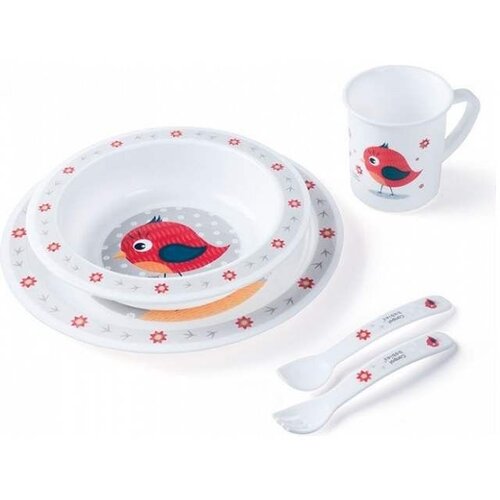 Canpol Cute Animals Dinner Set Bird darilni set posodica 270 ml + skodelica 170 ml + krožnik + žlica + vilica za otroke Slike