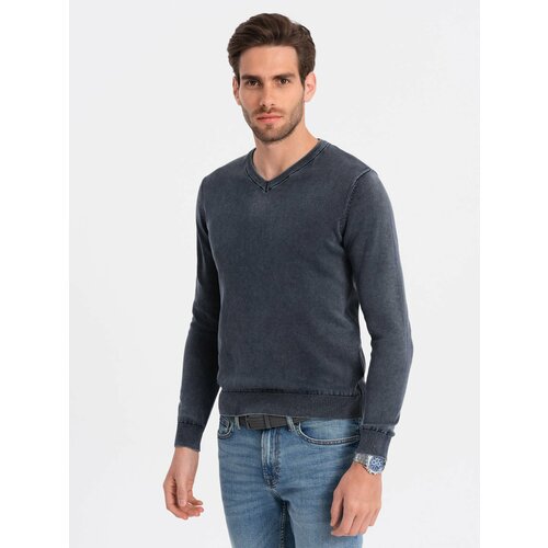 Ombre Washed men's sweater with v-neck - navy blue Slike