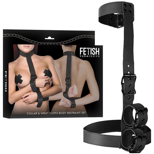 Fetish Submissive Bondage Collar & Wrist Cuffs Body Restraint Set Black Cene