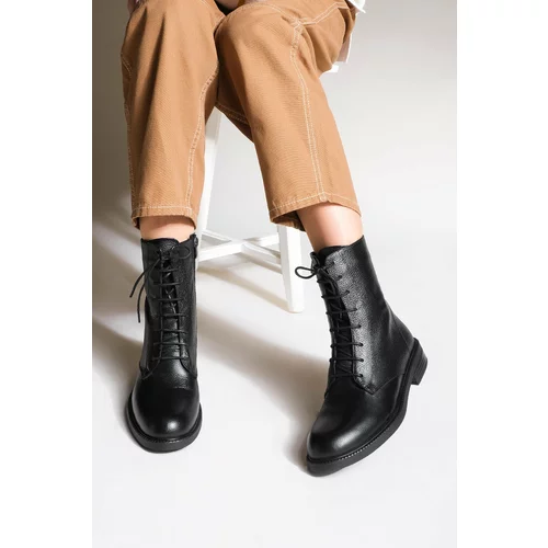 Marjin Women's Genuine Leather Boots Boots with Lace-up Zippered Casual Boots Alfira Black.
