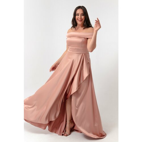 Lafaba Women's Powder Plus Size Satin Evening Dress & Prom Dress with Boat Collar. Slike