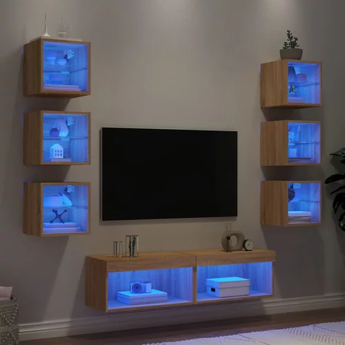  8-dijelni zidni TV elementi s LED svjetlima boja hrasta drveni