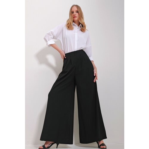 Trend Alaçatı Stili Women's Black High Waist Darted Wide Leg Front Zipper Trousers Slike