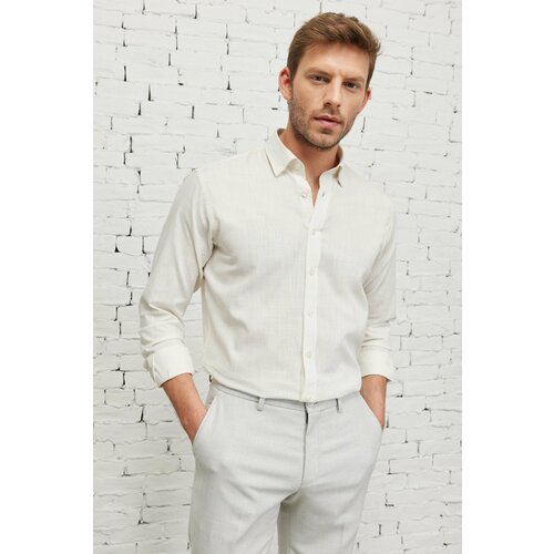 AC&Co / Altınyıldız Classics Men's Ecru Comfort Fit Comfy Cut Concealed Button Collar 100% Cotton Flamed Shirt Slike