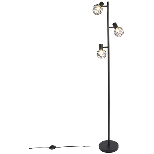 QAZQA Dizajn talna svetilka črna nastavljiva s tremi lučmi - Mesh