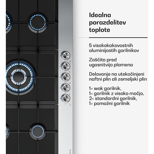 Klarstein Verosteel plinsko kuhalo, 5 plamena, električno paljenje, kompatibilno s prirodnim i LPG plinom, 10400W, 90cm Slike