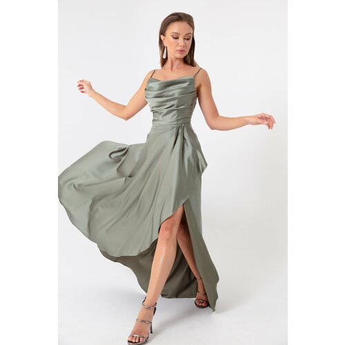 Lafaba Women's Khaki Evening Dress &; Prom Dress with Ruffles and a Slit in Satin Slike