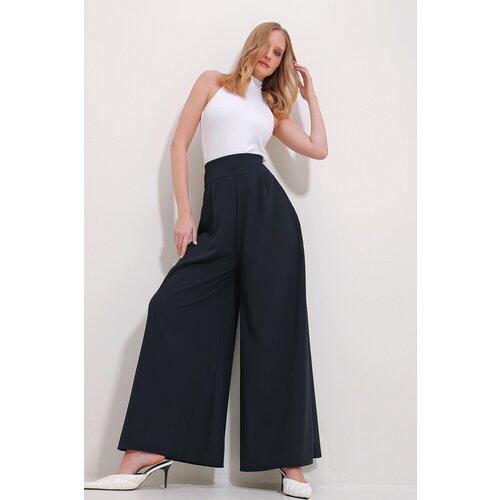 Trend Alaçatı Stili Women's Navy Blue High Waist Side Zipper Wide Leg Woven Trousers Cene