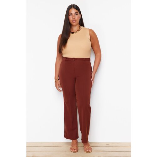 Trendyol Curve Brown High Waist Ribbed Stitched Wide Leg Trousers Cene