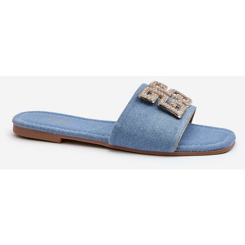 Kesi Women's denim slippers with flat heels and embellishments, blue Inaile Slike