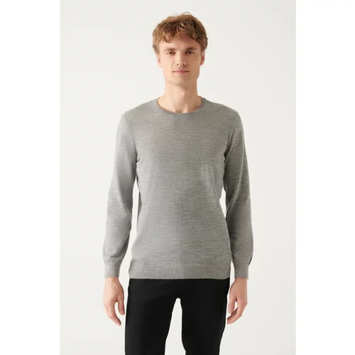 Avva Men's Gray Crew Neck Wool Blended Standard Fit Regular Cut Knitwear Sweater