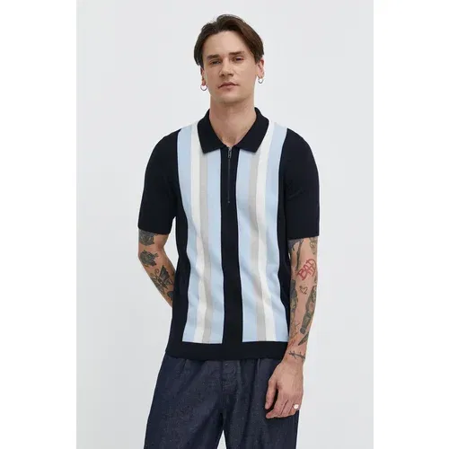 Hugo Polo majica iz volnene mešanice mornarsko modra barva