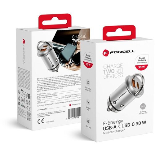 forcell auto punjač mini  f-energy usb-a + usb-c 30W srebrni Cene
