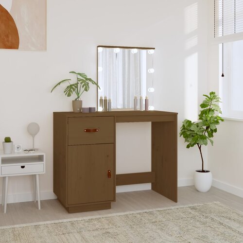 vidaXL Toaletna mizica LED medeno rjava 95x50x133,5 cm trdna borovina Cene