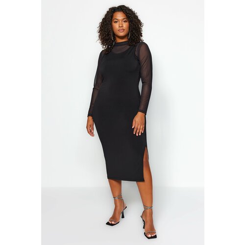 Trendyol Curve Black Fitted Knitted Dress With A Slit Detail Slike