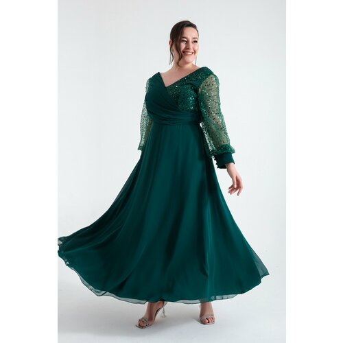 Lafaba Women's Plus Size Emerald Green Sleeves Beaded Evening Dress Cene