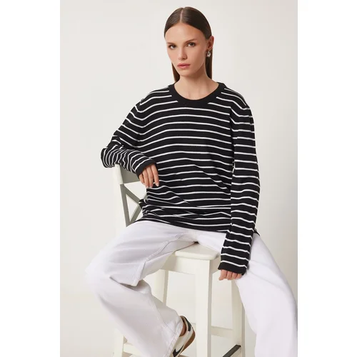 Happiness İstanbul Women's Black and White Striped Seasonal Knitwear Sweater