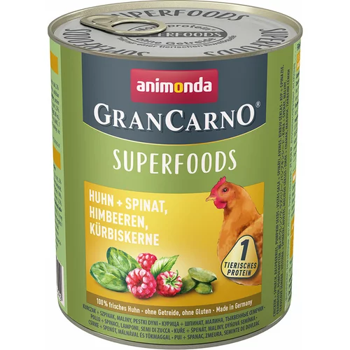 Animonda GranCarno Adult Superfoods 24 x 800 g - Piščanec + špinača, malina, bučna semena: