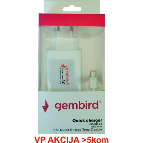 Gembird NPA AC36 QC3.0 brzi punjac +Type C USB kabl,18W 3.6 6.5V 3A, 6.5V 9V 2A, 9V 12V 1.5A349 Cene