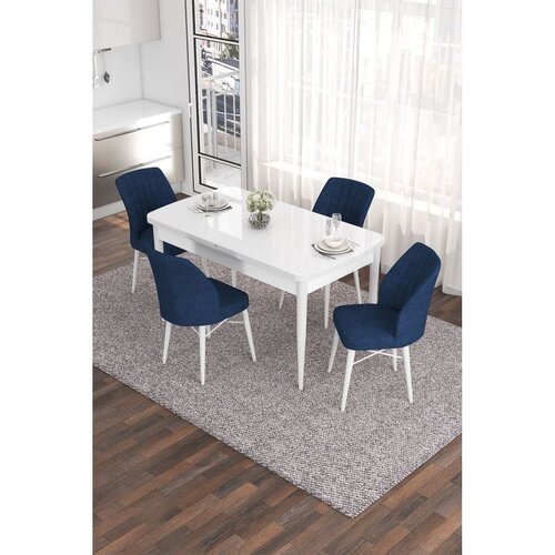 Hanah home trpezarijski set Eva, sto na razvlačenje i 4 stolice, bela ploča, teget tkanina Babyface Cene