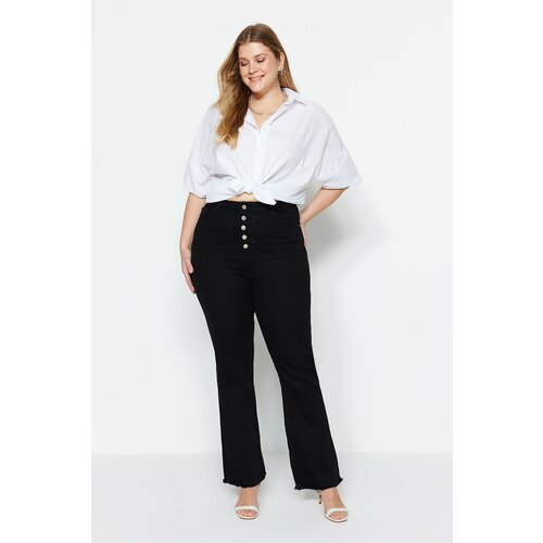 Trendyol Curve Black High Waist Button and Tassel Detail Flare Jeans Slike