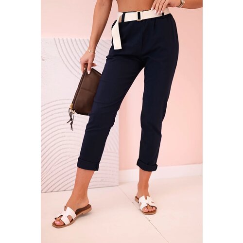 Kesi Włoski Women&amp;#039;s viscose trousers with belt and rolled up leg navy blue Slike