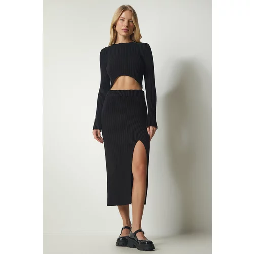 Happiness İstanbul Women's Black Corduroy Crop Skirt Sweater Suit