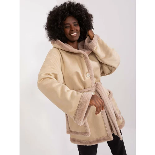 Fashion Hunters Beige short winter coat with a hood