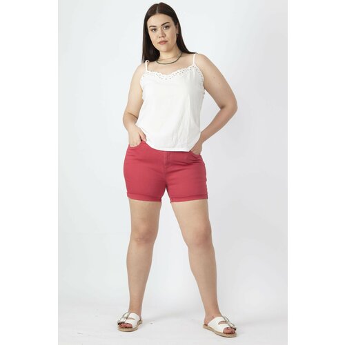 Şans Women's Plus Size Pomegranate Gabardine Fabric Lycra Double Cuff Pocket Shorts Slike