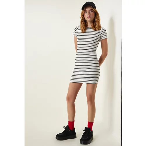 Happiness İstanbul Women's White Striped Knitted Mini Dress