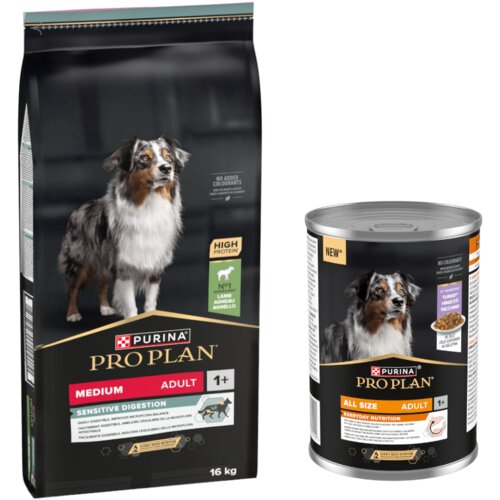  16 kg PURINA PRO PLAN + 12 x 400 g mokre hrane / 3 kg suhe hrane gratis! - Medium Adult Sensitive Digestion janjetina i riža + 12 x 400 g All Size Adult Everyday Nutrition u želeu s puretinom Cijene