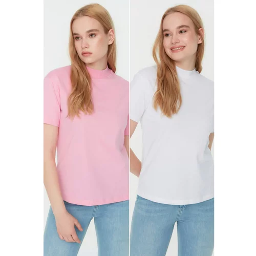 Trendyol Pink-White Stand Up Collar 2-Pack Basic Knitted T-Shirt