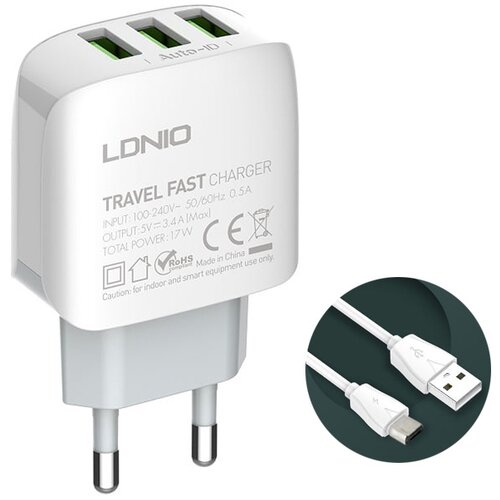 Ldnio kućni punjač A3312 3xUSB 5V 3.4A 17W sa micro usb kablom beli Slike