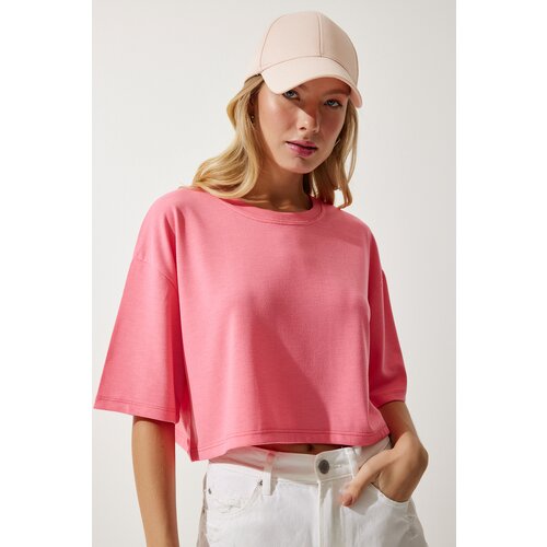 Happiness İstanbul Women's Pink Basic Crop Knitted T-Shirt Cene