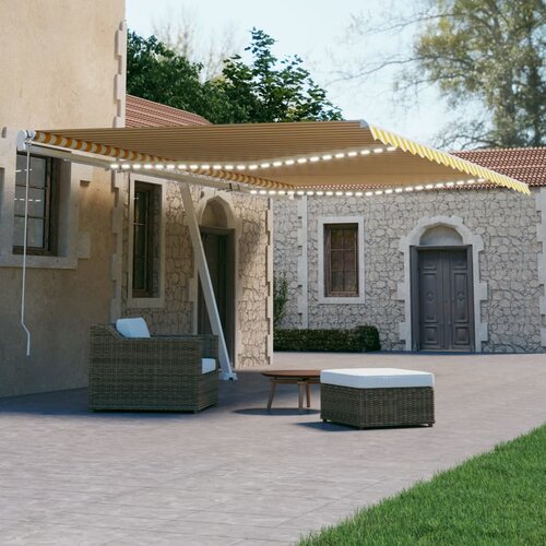 vidaXL Avtomatska tenda LED + senzor 500x300 cm rumena/bela Cene
