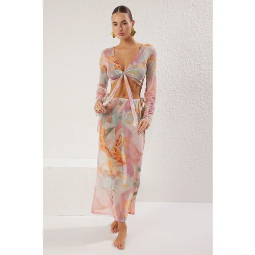 Trendyol Abstract Patterned Binding Detailed Transparent Blouse Skirt Set