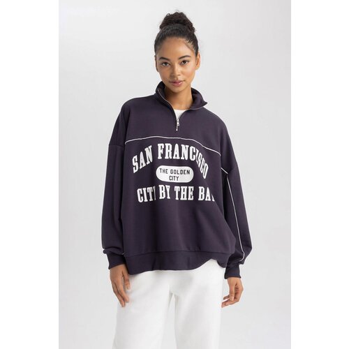 Defacto Fit Oversize Fit Printed Zipper High Neck Sweatshirt Cene