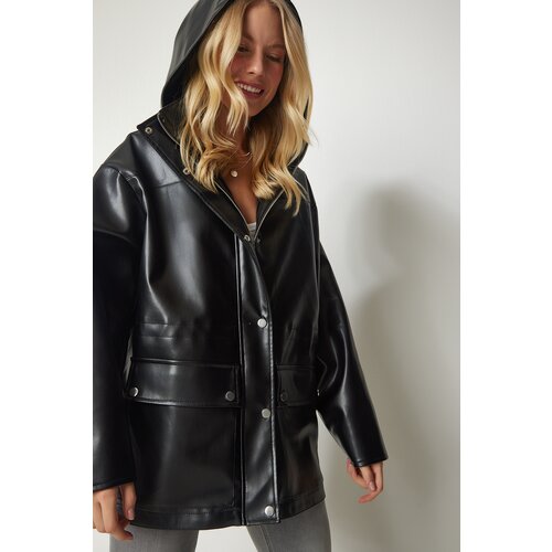  Women's Black Hooded Faux Leather Coat with Pocket Cene