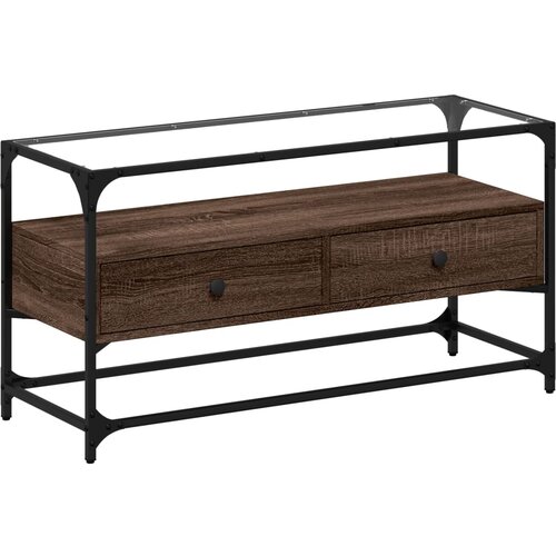 Maison Chic TV omarica - TV stojalo - Televizijska omarica s stekleno plo&amp;scaron;čo rjavi hrast 98x35x51 cm inž. les, (21700559) Slike