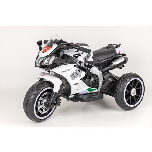 Dečiji motor aprilia na akumulator sa svetlećim točkovima i kožnim sedištem 12V - beli Slike