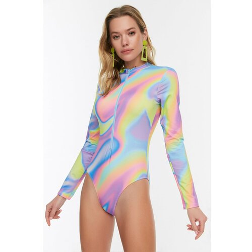 Trendyol Lilac Long Sleeve Surf Themed Swimsuit Slike