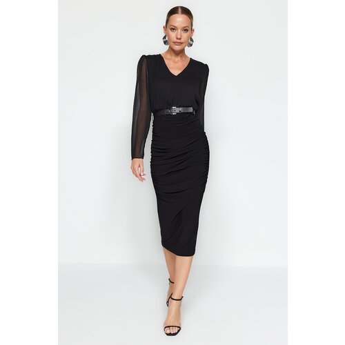 Trendyol Black Wrap-around Woven Dress with Belt Slike