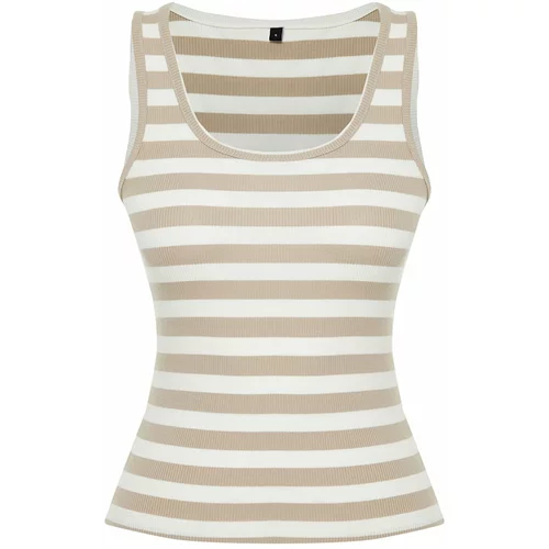Trendyol Beige Striped Fitted Pool Neck Ribbed Flexible Knit Undershirt