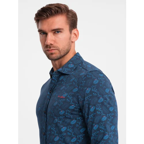 Ombre Men's cotton shirt with floral motif - navy blue