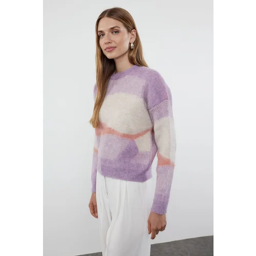 Trendyol Lilac Soft Textured Color Blocked Crew Neck Knitwear Sweater