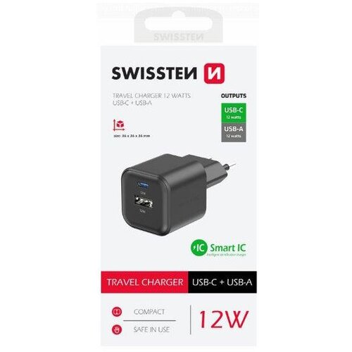 Swissten punjač za AC220, 12W, 1xUSB-C, 1xUSB-A, Smart IC, 2.4A, crni Cene