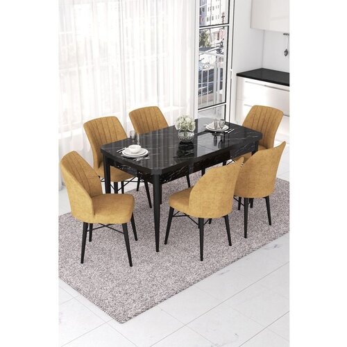 Hanah home nef - black marble, cappuccino black marblecappuccino extendable dining table & chairs set (7 pieces) Cene